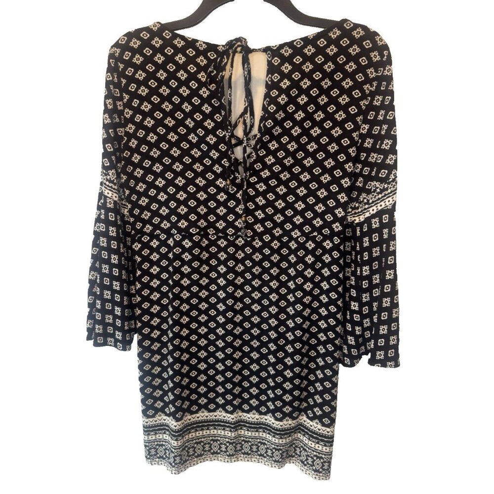 Womens Black White Bell Sleeve Mini Dress Large Boho Peasant Hippie Festival - Picture 4 of 9